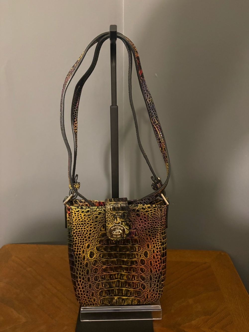 Brahmin Croc-Embossed Crossbody in Yellow, Brown, Purple